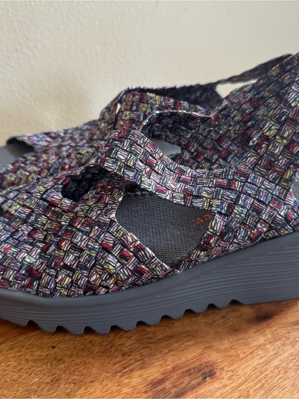bernie mev. Multicolored Woven Slide Sandal with Black Sole